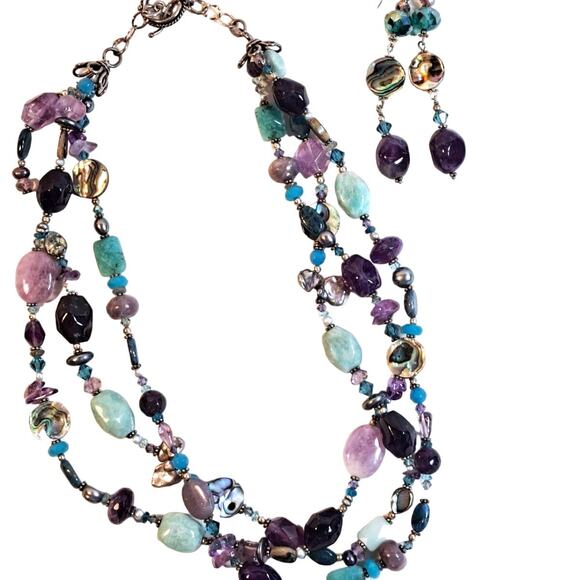 Handmade Necklace Earring Set Amethyst Abalone Crystal Purple Turquoise Silver